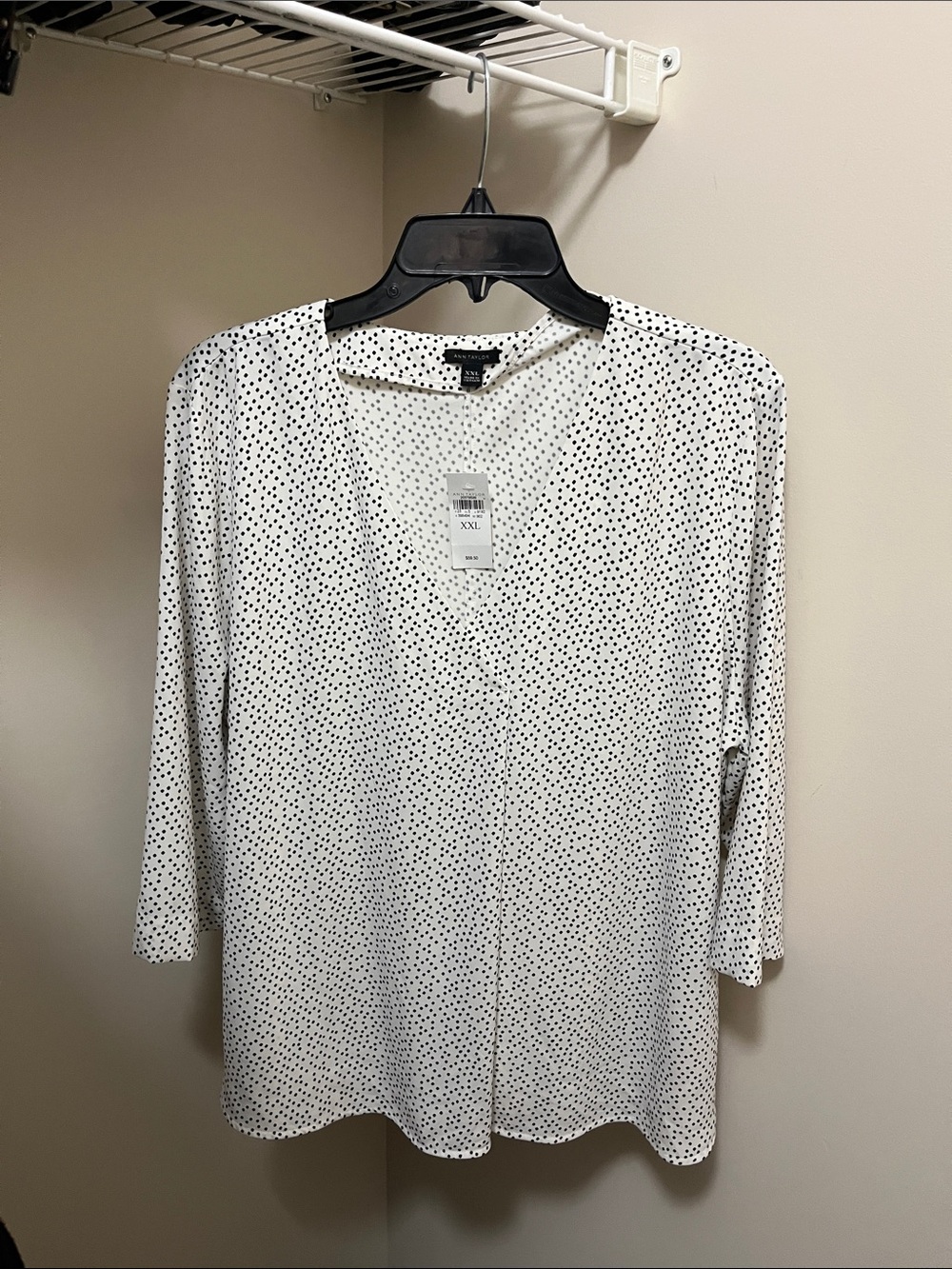 Ann Taylor White Long Sleeve V-Neck Polka Dot Blouse